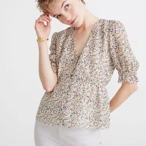 Madewell Silk V-Neck Peplum Popover Top in Fieldwalk Floral